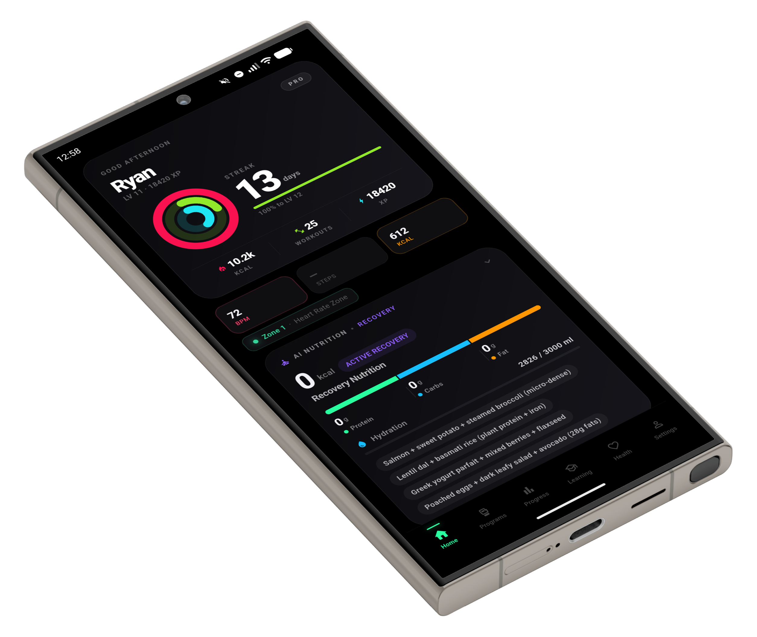 KickFlow home dashboard on Samsung Galaxy S24 Ultra