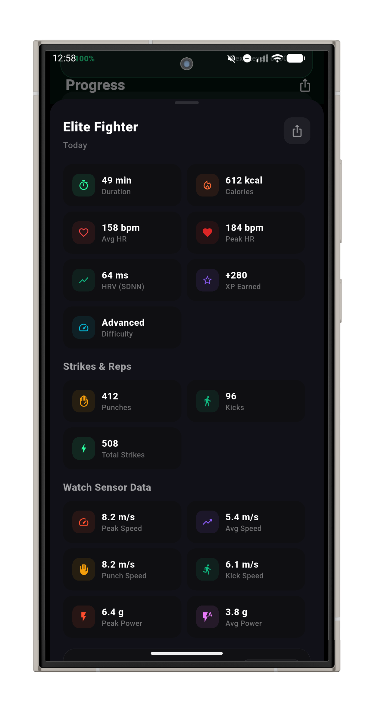 KickFlow workout summary with watch sensor data